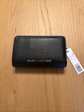 Marc Jacobs Black Pebbled Leather Zip Card Holder with Gold Logo